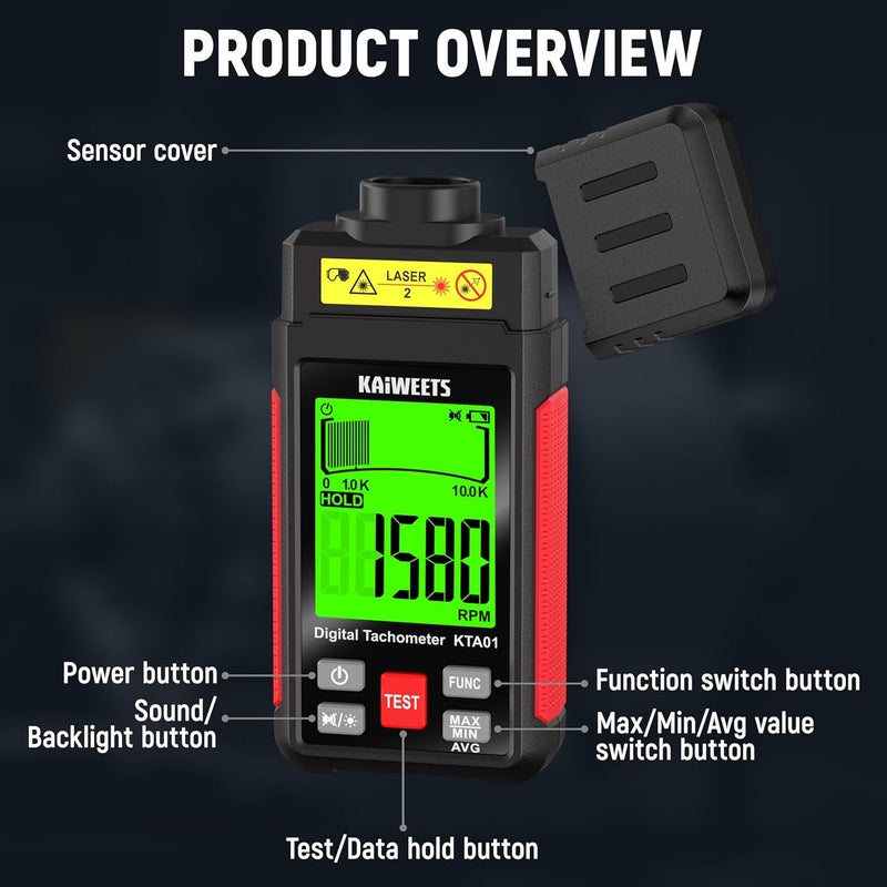 KAIWEETS Non Contact RPM Tachometer with Reflection Tape, 10-99999 RPM High Accuracy Laser Digital Tachometer with Large LCD, RPM Meter with Backlight, Data Hold, and Max/Min/AVG Function - Image 5